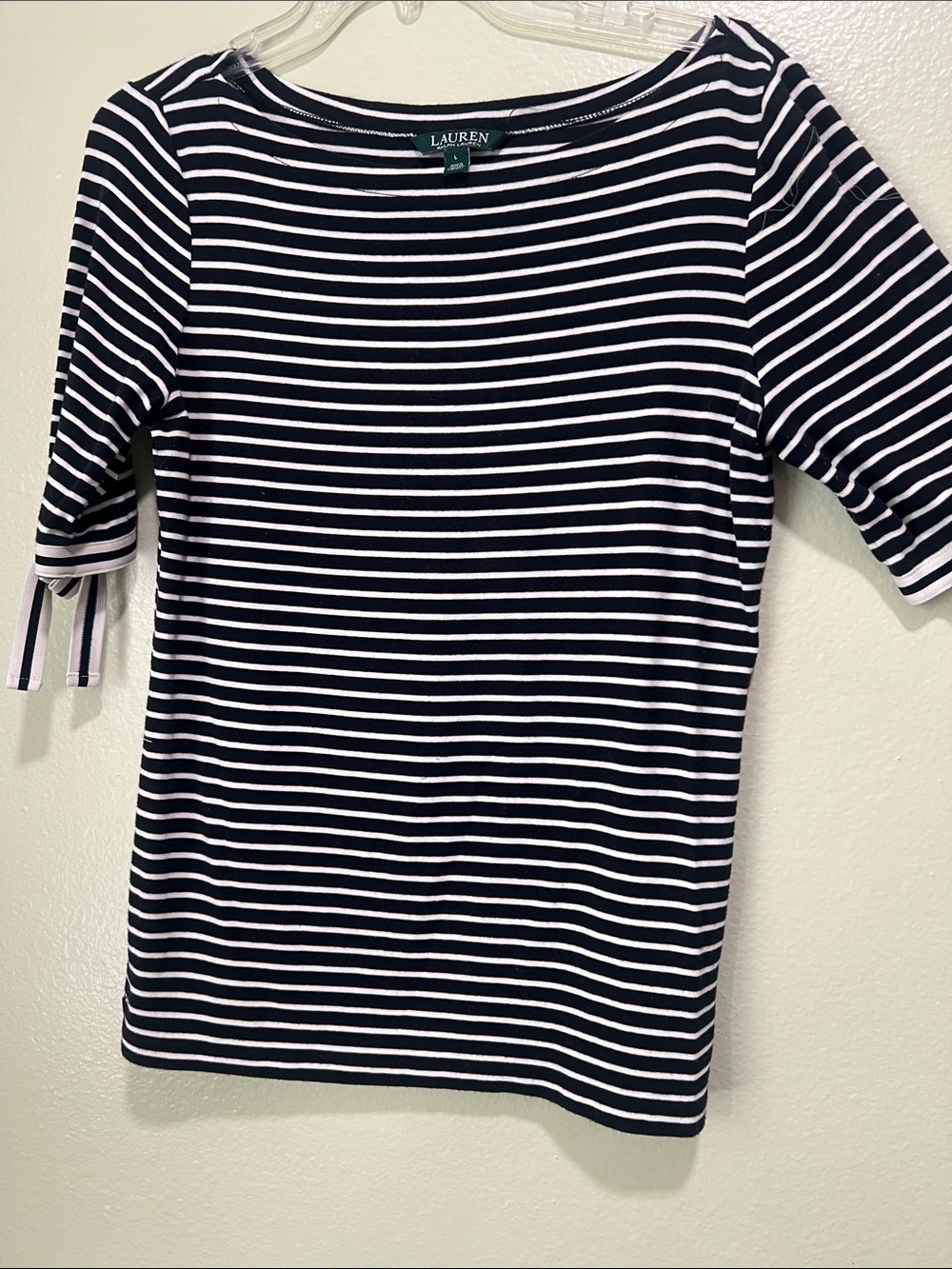 Lauren Ralph Lauren Navy & White Striped Boatneck Short Sleeve Top